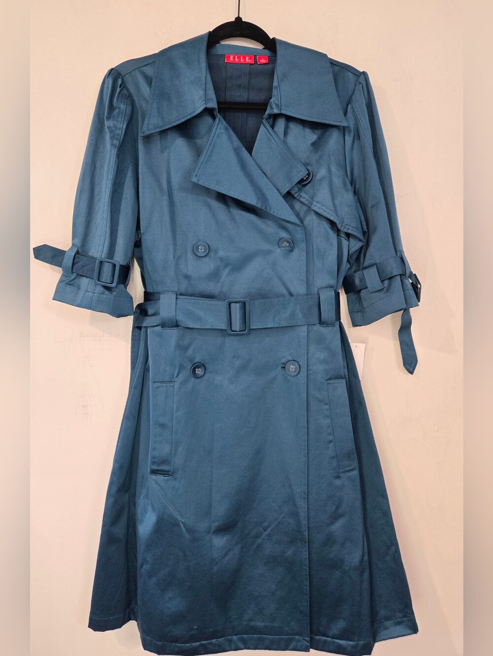 Elle Teal Satin Double-Breasted Trench Coat